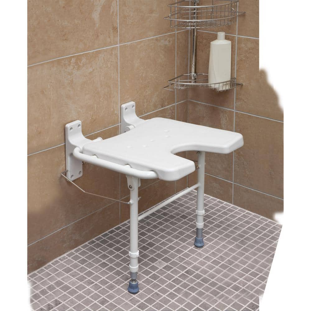 White Fold-Away Wall-Mount Shower Seat with Adjustable Legs