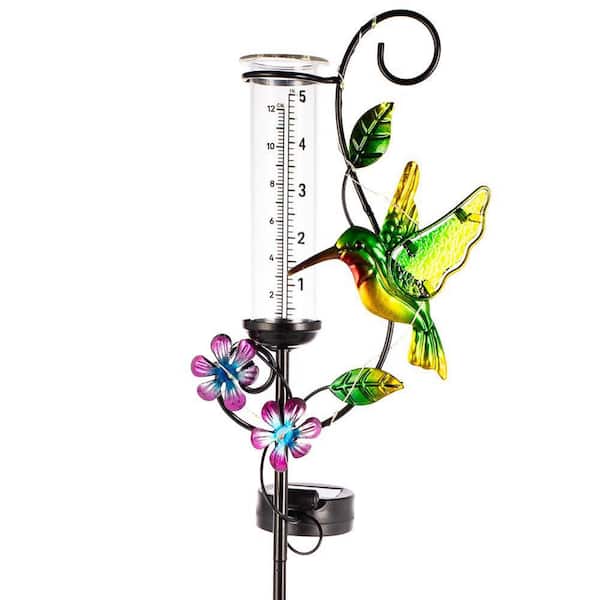 Hummingbird Rain Gauge with 5 in. Glass Tube, Solar Rain Gauge with LED Lights