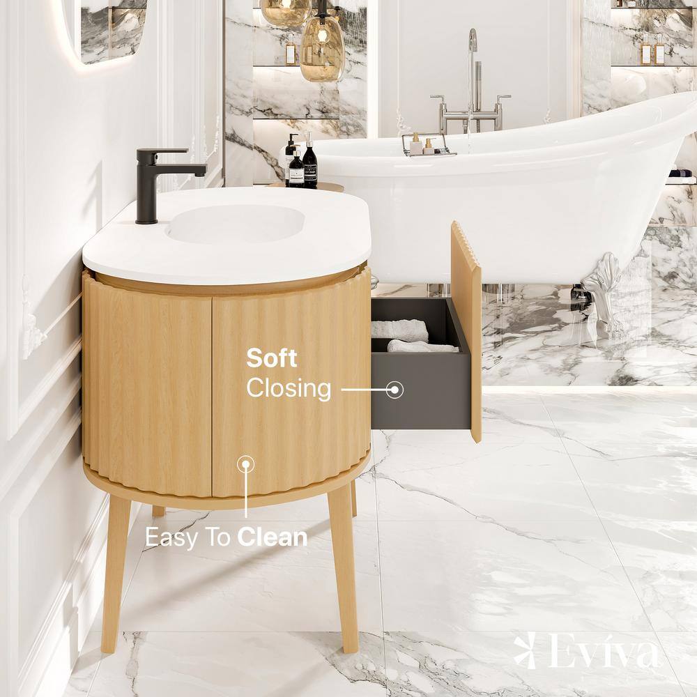 Natural Oak Freestanding Bathroom Vanity with White Solid Surface Top