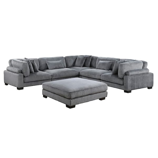 Lazzara Turbo 135 in. Pillow Top Arm 6-Piece Corduroy Fabric Modular Sectional Sofa in Gray with Ottoman