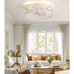 18 in. Indoor White/Gold Enclosed Flush Mount Ceiling Fan with Light Kit and Remote Control Included