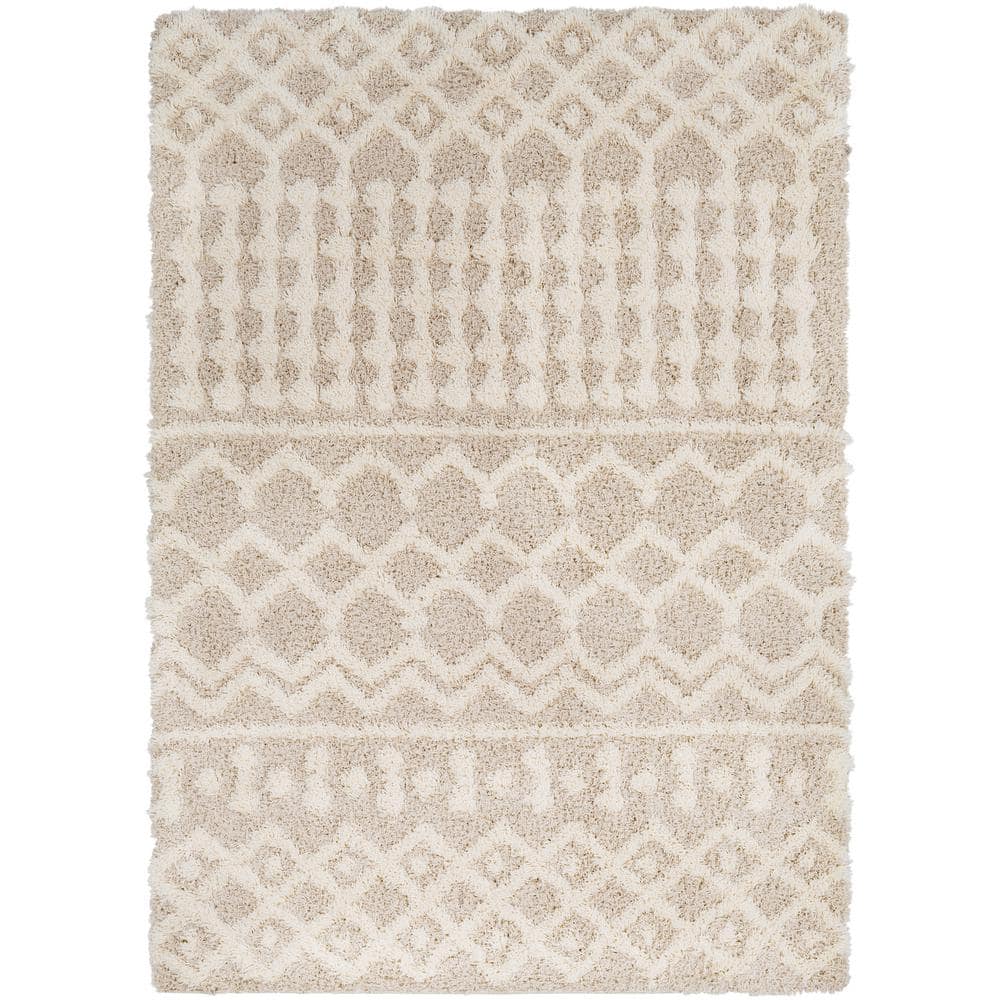 Beige Moroccan Shag Area Rug with High-Low Texture