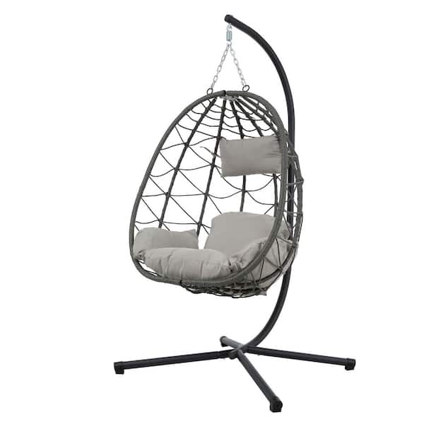 OLUMAT 1 Person Metal Patio Swing Outdoor Egg Chair with Black Stand and Light Gray Cushions and Pillow