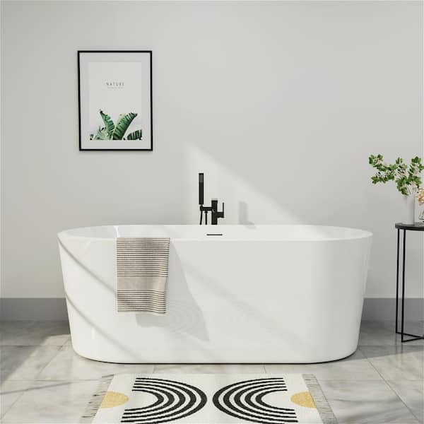 Mokleba 59 in. Acrylic Flatbottom Freestanding Bathtub Non-Whirlpool Bathtub with Drain in Glossy White