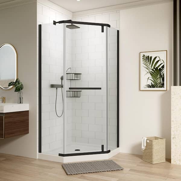 36 in. W x 72 in. H Neo-Angle Pivot Semi Frameless Corner Shower Enclosure in Matte Black with Tampered Glass