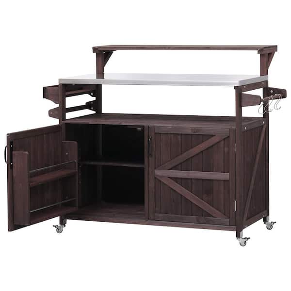 Brown Wood 53.3 in. Kitchen Island Cart Outdoor Grill Cart Storage Cabinet with Stainless Steel Top, Raised Shelf