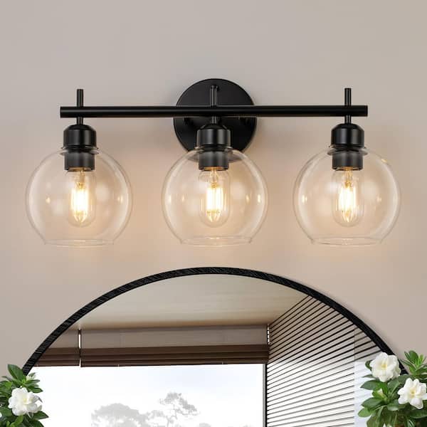 20 in. Modern 3-Light Black Vanity Light with Clear Glass Globe Shades, Bathroom Wall Light Fixture for Vanity, Bedroom