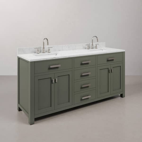 Madison 72 in.W x 21.5 in.D x 34 in.H Double Sink Bath Vanity in Glacial Green with Carrara White Marble Top and Faucets
