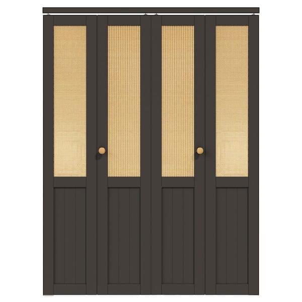 60 in. x 80 in. Half Paneled Solid Core Black Finished MDF Wood and Imitated Rattan Weaving Bi-Fold Door with Hardware