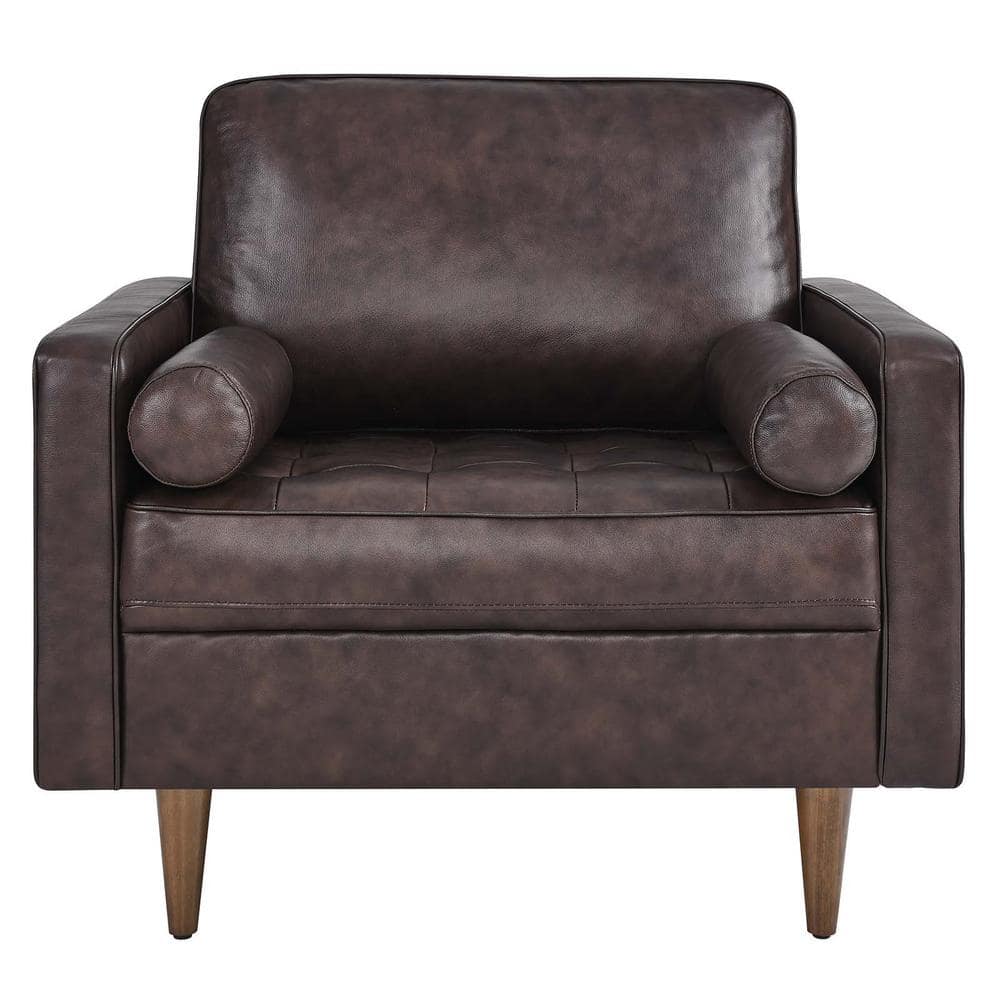 Brown Leather and Walnut Wood Mid-Century Accent Chair
