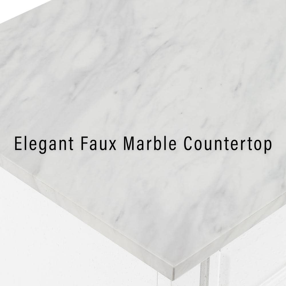 Avery Distressed White Kitchen Island Cart with Faux Marble Top