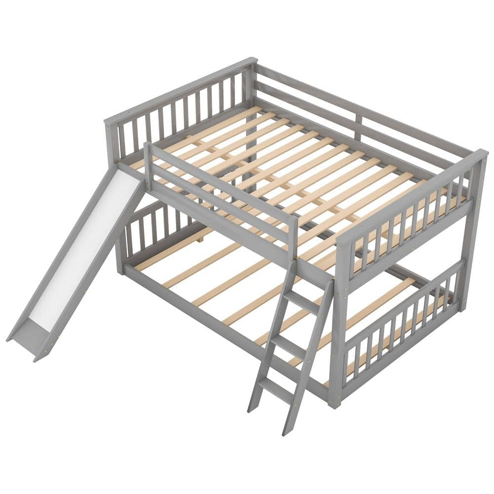 ANBAZAR Gray Full Over Full Bunk Bed with Convertible Slide and Ladder ...