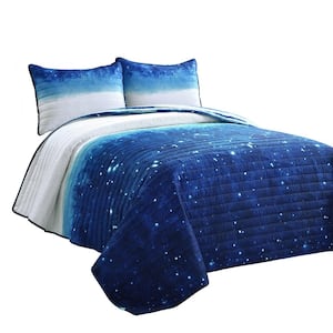 3-Piece Make A Wish Navy/White Space Star Ombre Full/Queen Polyester Quilt Set