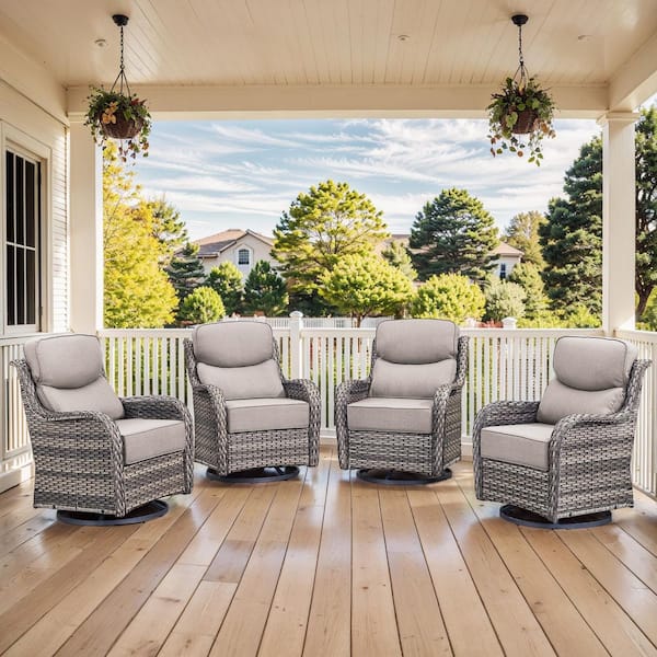 MoonLuxe Gray Swivel Glider Wicker Outdoor Rocking Chair with Beige Olefin 6 In. Thick Cushions (4-Piece)