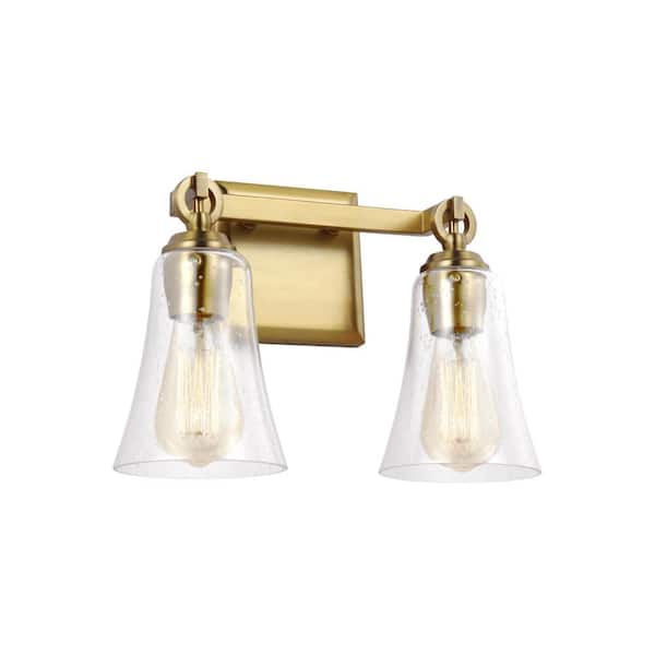Monterro 13.5 in. W. 2-Light Burnished Brass Vanity Light with Clear Seeded Glass Shades