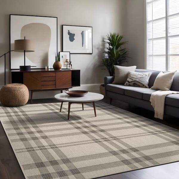 Coastal Gray/Beige 5 ft. x 7 ft. Plaid Washable Easy Jute Modern Indoor Outdoor Area Rug