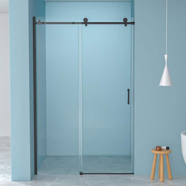 48 in. W x 76 in. H Single Sliding Semi-Frameless Shower Door in Matte Black Finish with Clear Glass