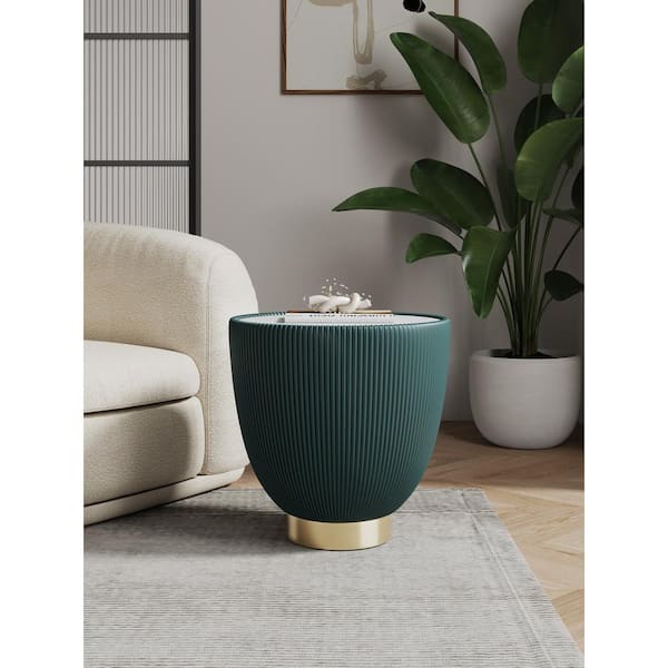 Manhattan Comfort Anderson Modern 18.43 in. Green Round Faux Marble Top Faux Leather Upholstered End Table