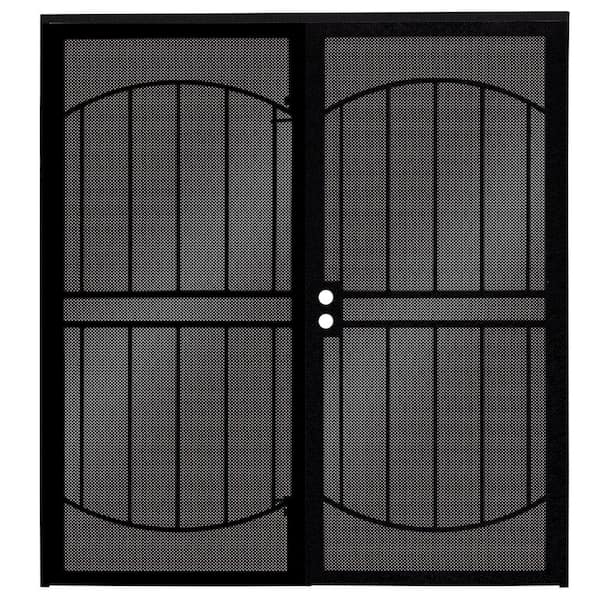Unique Home Designs 72 in. x 80 in. ArcadaMAX Black Surface Mount Outswing Steel Security Double Door with Perforated Metal Screen