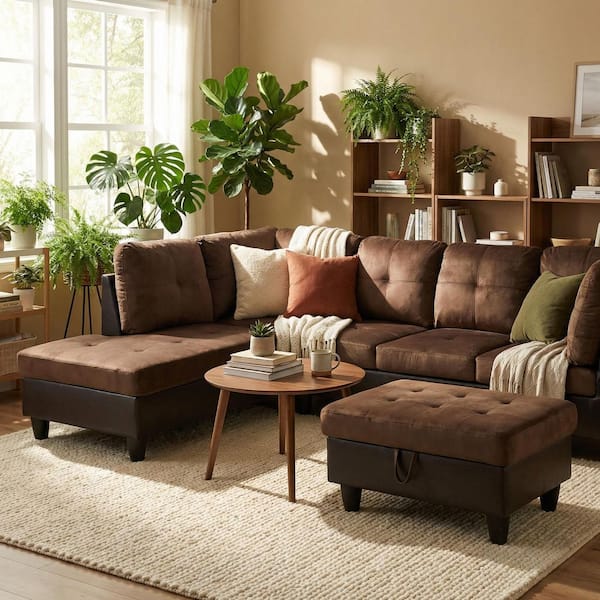 32 in. 3-Piece Fabric and PVC Living Room Sectional Sofa Set in Brown with Storage Ottoman and Ergonomic Comfort