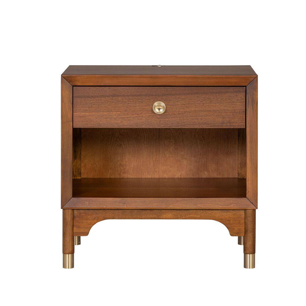 Mid-Century Walnut Nightstand with Gold Accents and LED Light