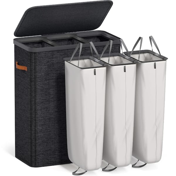 25 in. W x 15.75 in. D x 29.5 in. H Black Linen Cabinet, 3-Compartment Laundry Basket with Removable Laundry Bag