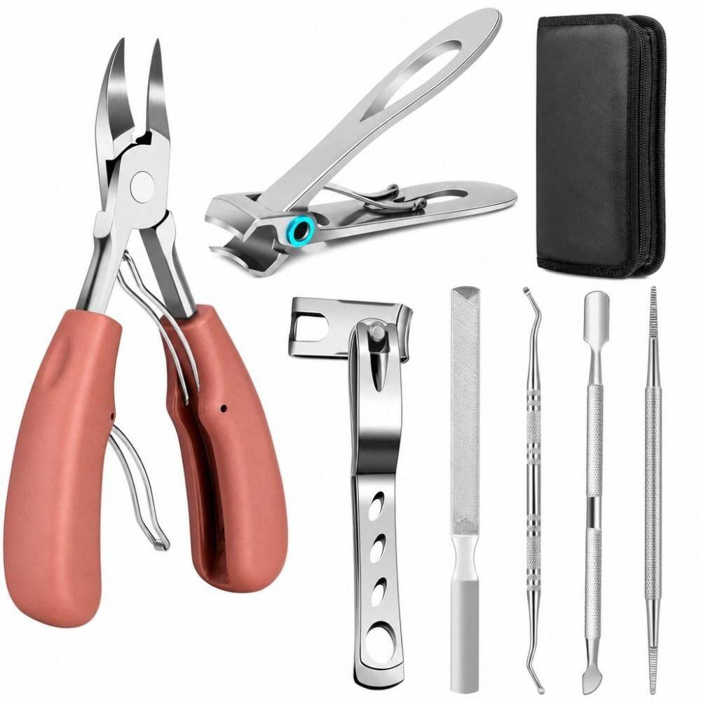 Toenail Clippers for Seniors Thick Toenails, Wide Opening 360° Rotating Pedicure Set, Manicure Tool, Pink (7 Pack)