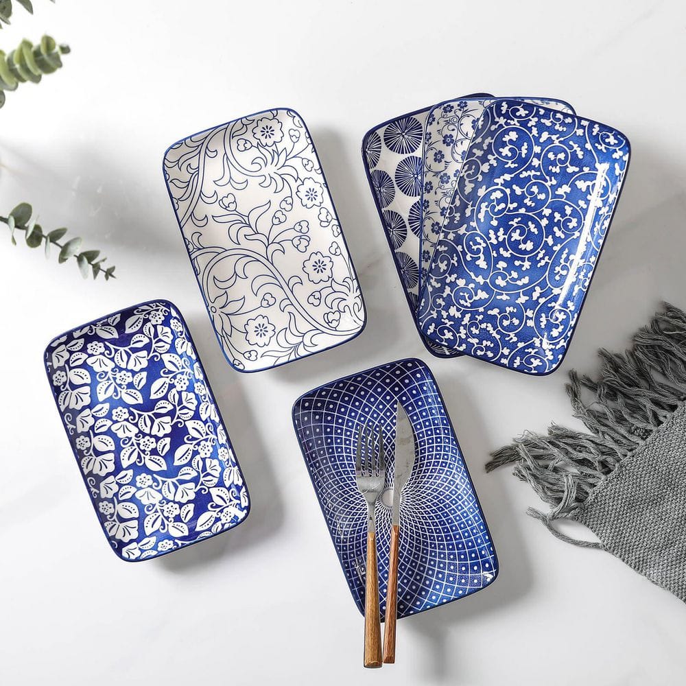 9.4 in. Vintage Blue Ceramic Rectangular Decorative Platter (Set