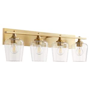 Veno 4-Light - 100-Watt Medium Base Lamp Light Vanity 32 in. Width Vanity with 4 Clear Glass Diffusers Aged Brass