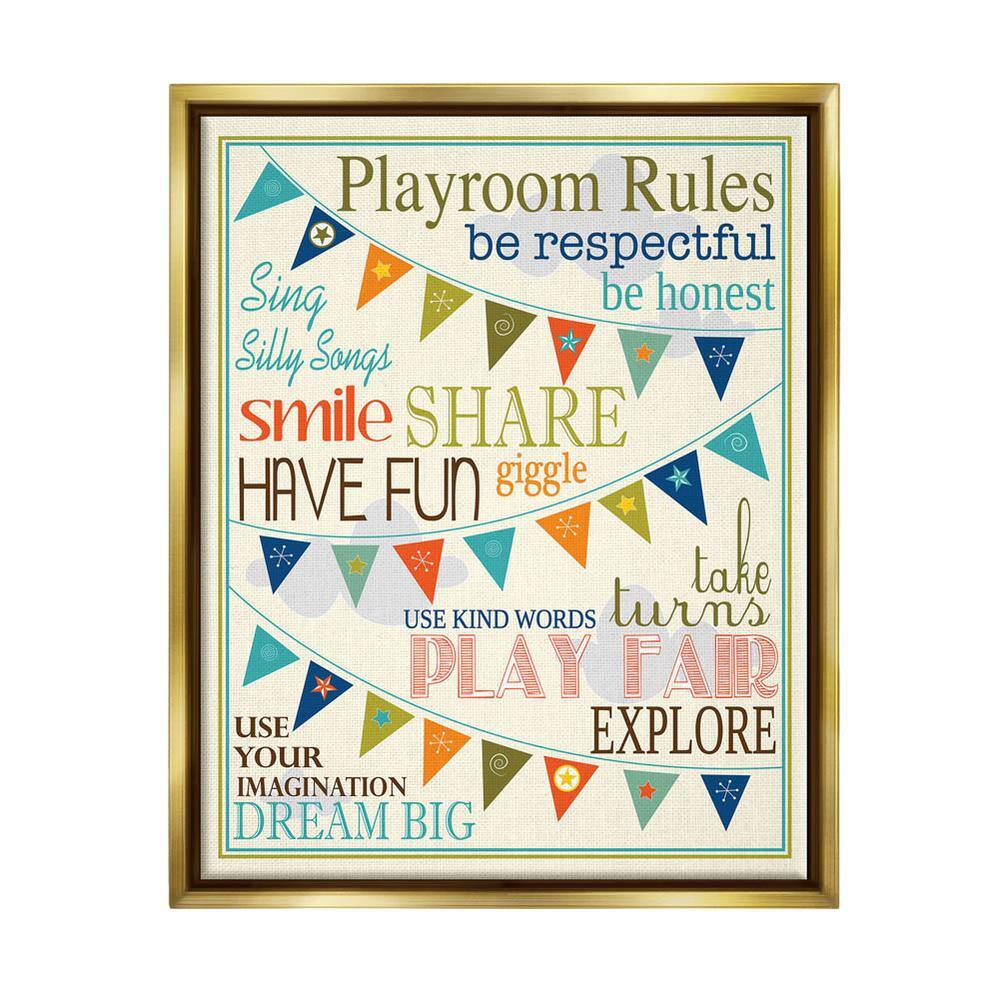 Stupell Industries Playroom Rules With Pennants In Blue Gold Floater Framed Canvas Wall Art, 24 x 30