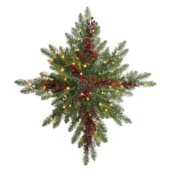 Puleo International 32 in. Prelit Snowflake Artificial Christmas Wreath with Pinecones and Red Berries