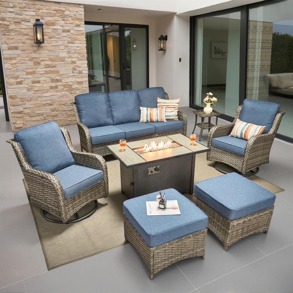 Newport Gray Wicker 7-Piece Patio Metal Fire Pit Set with Sofa Swivel Rocking Chairs and Denim Blue Cushions price history on PriceWatchPro