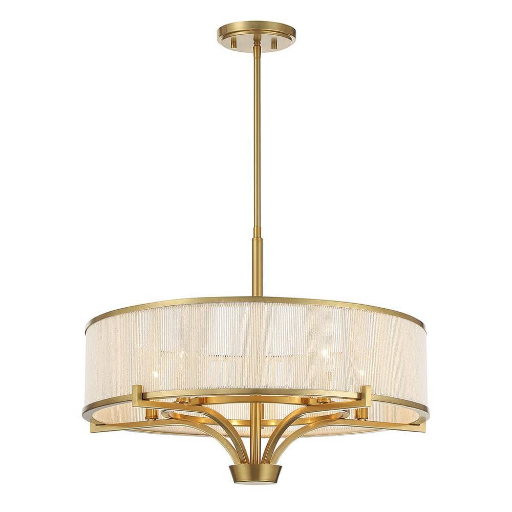 Warm Brass 5-Light Chandelier with White String Drum Shade