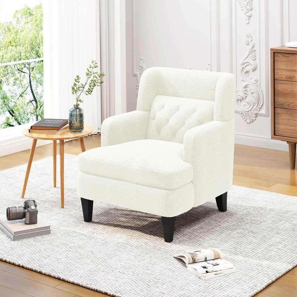 Modern White Teddy Fabric Upholstered Accent Chair with Wood Legs