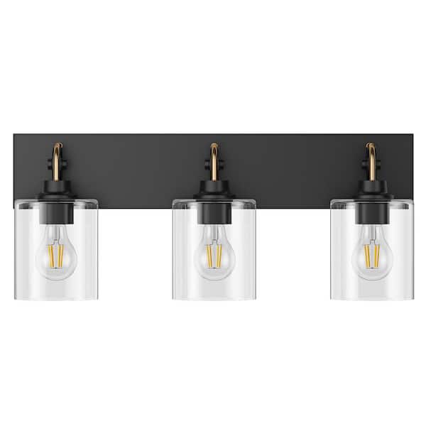 aiwen Modern 24 in. 3-Light Black Bathroom Dimmable Vanity Light Fixture Over Mirror with Glass Shades