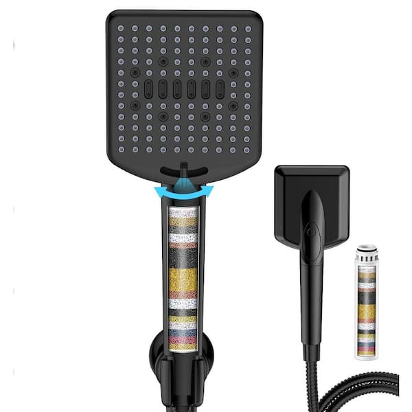 High Pressure 6-Spray Wall Mount Filtered Handheld Shower Head 1.8 GPM in Black with Replacement Filter for Shower Head