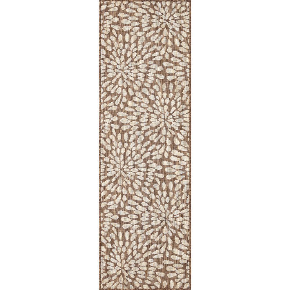 Tayse Rugs Eco Floral Brown 3 ft. x 10 ft. Indoor/Outdoor Runner Rug ...