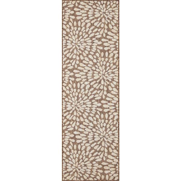 Tayse Rugs Eco Floral Brown 3 ft. x 10 ft. Indoor/Outdoor Runner Rug