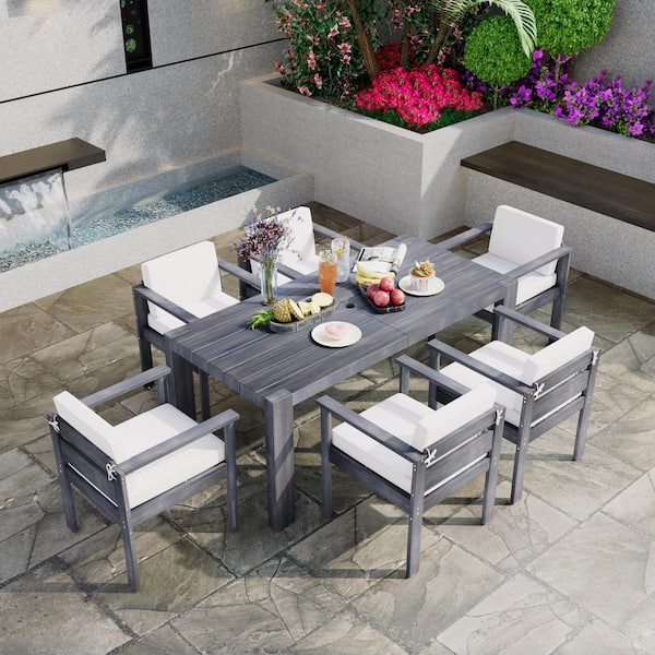 7-Piece Gray Acacia Wood Patio Outdoor Dining Table Set with Beige Cushions and 6-Dining Chairs