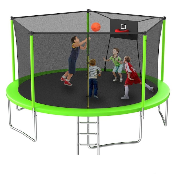 14 FT Large Trampoline with Enclosure Net and Soft Backboard in Green