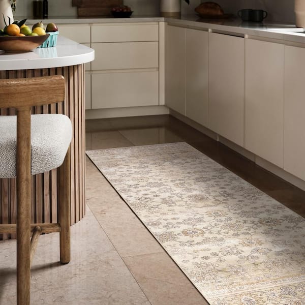 Meena Fading Garden Spill Proof Washable Beige 2.6 ft. x 12 ft. Indoor Area Rug