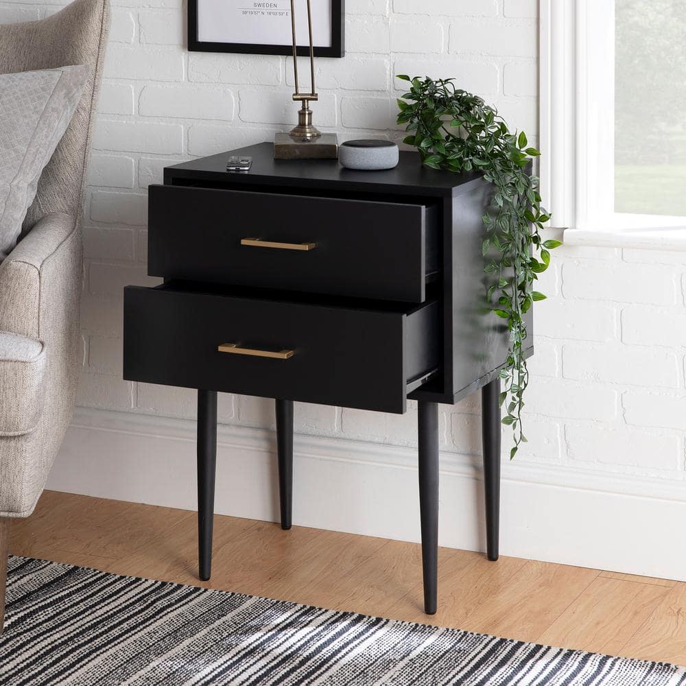 Black Wood and Metal 2-Drawer Side Table with Storage