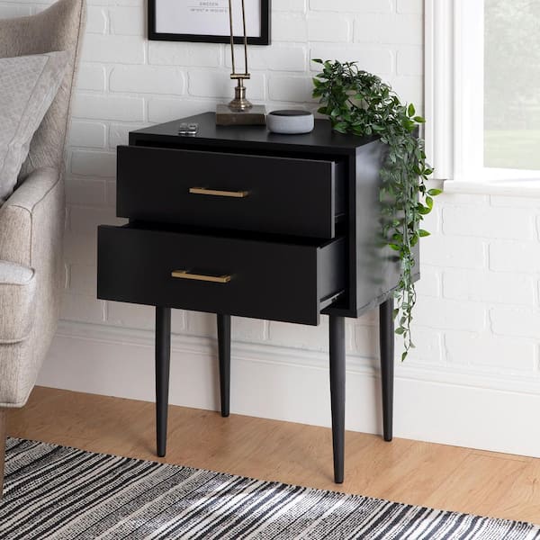 Mid-Century Modern Solid Black 2 Drawer 20 in. W Nightstand