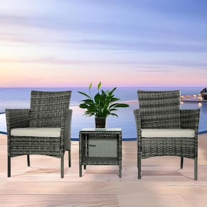 3-Piece Gray Wicker Outdoor Dining Set, Square Table and Rattan Chairs with White Cushions