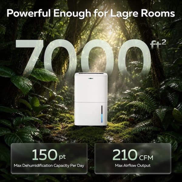 150 pt. 7,000 sq.ft. Dehumidifier in. White with Pump, Drain Hose and Bucket for Basement, Garage, Auto Defrost, Timer