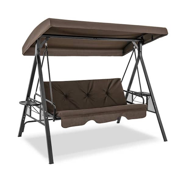 Mondawe Brown 3-Person Metal Outdoor Patio Swing Chair Yard Lounge Chair with Adjustable Canopy & Removable Cushions