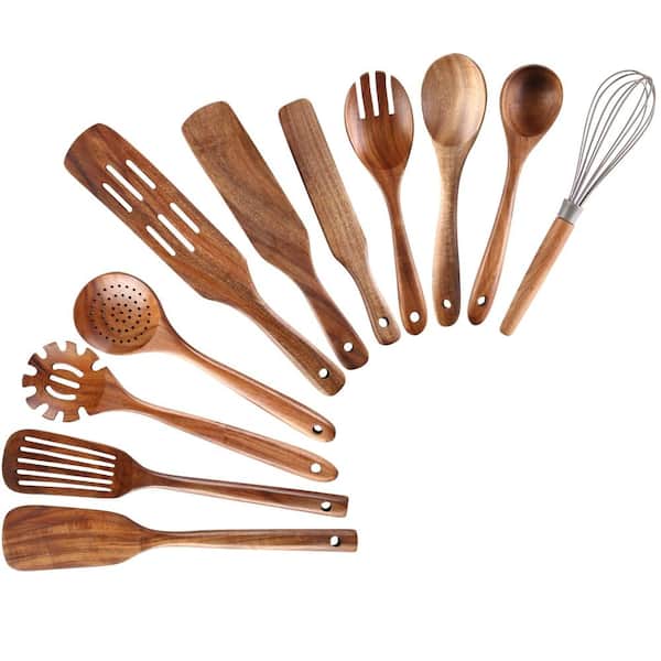 11-Piece Natural Teak Wood Kitchen Utensils Set, Non-Stick Spatulas, Spurtles, and Spoons Cooking Kit