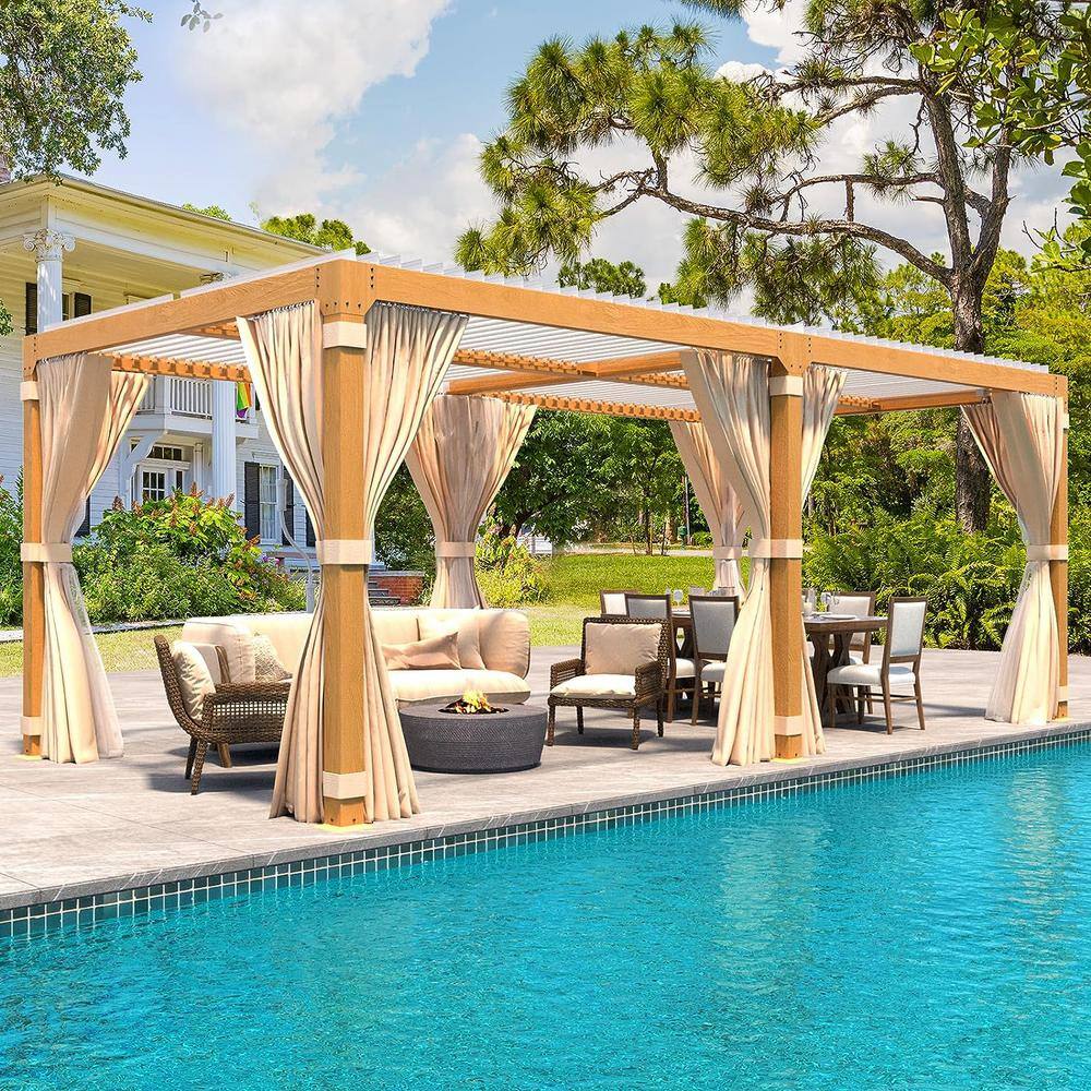 Beige Aluminum Pergola with Adjustable Roof and Curtains