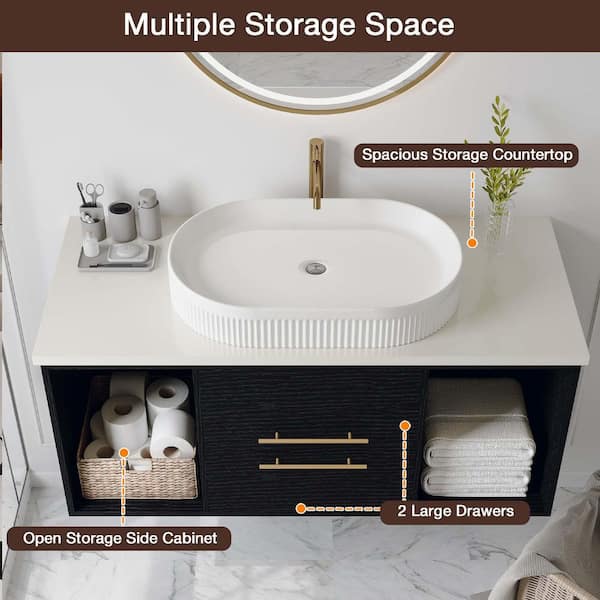 40 in. Single Sink Wall Mounted Black Bath Vanity with White Wood Top and Ceramic Vessel Sink Requires Assembly​