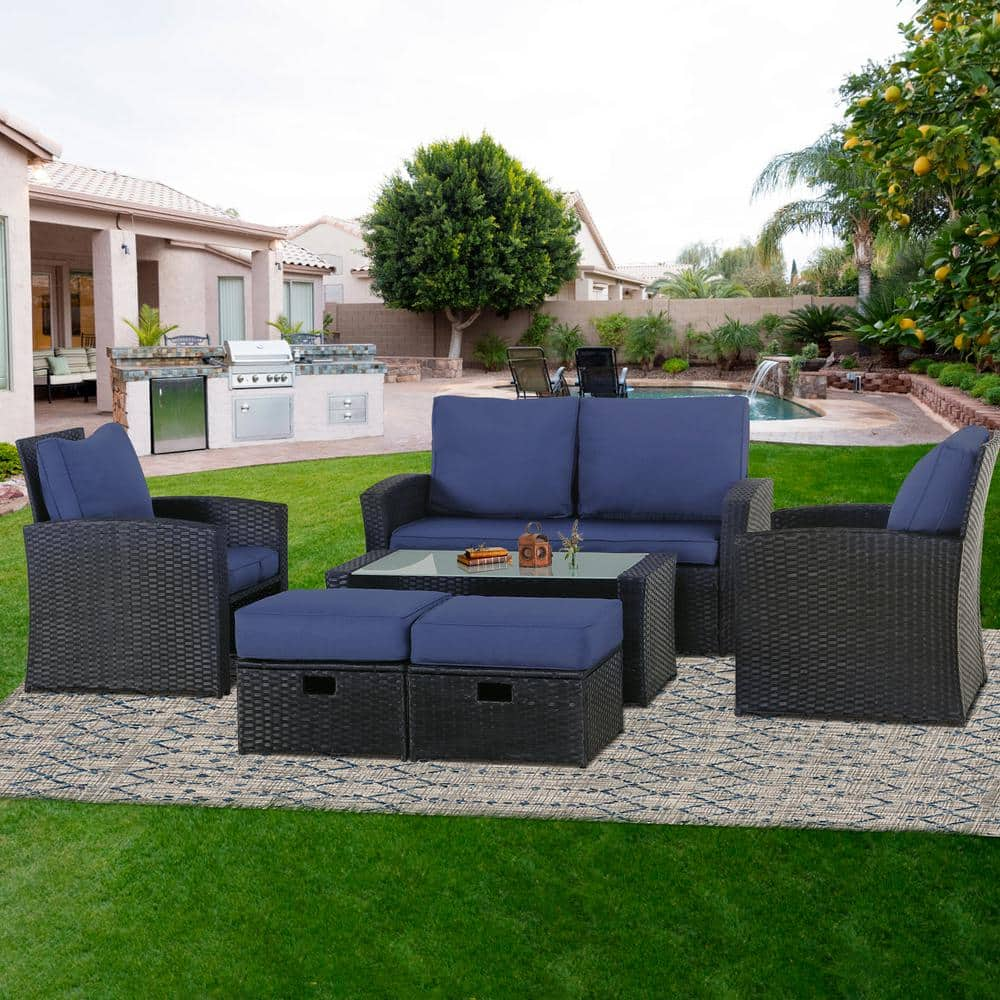 JUSKYS Black 6-Piece Wicker Metal Patio Conversation Set with Blue ...